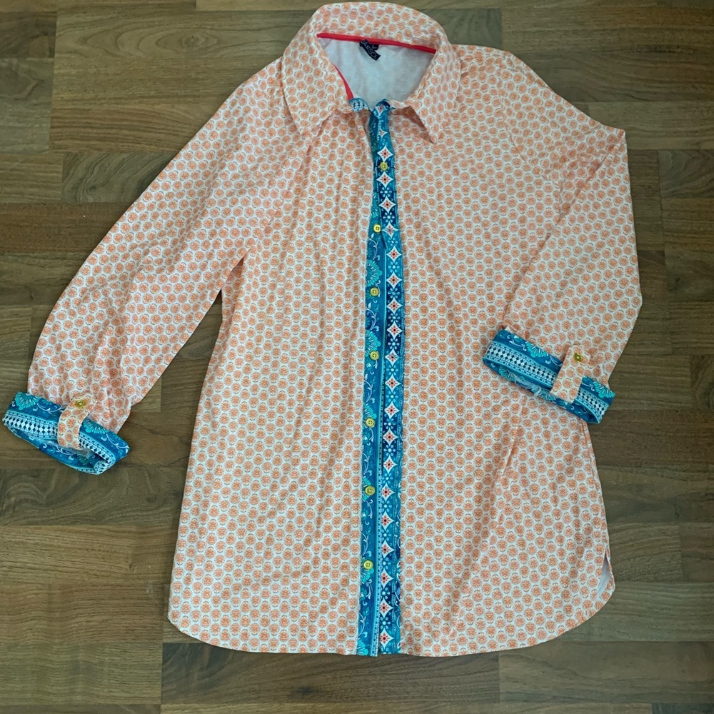 Aqua Et Sol Women’s Peach Patterned Button-Up Shirt Blue Accents Bikini Cover up